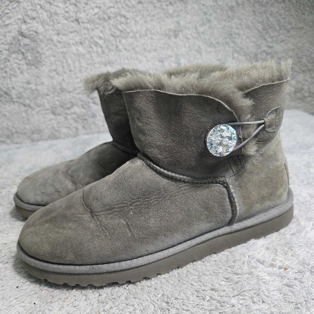 UGG Mini Bailey Button Bling Short‎ Boots Grey Sheepskin Crystal Womens 8